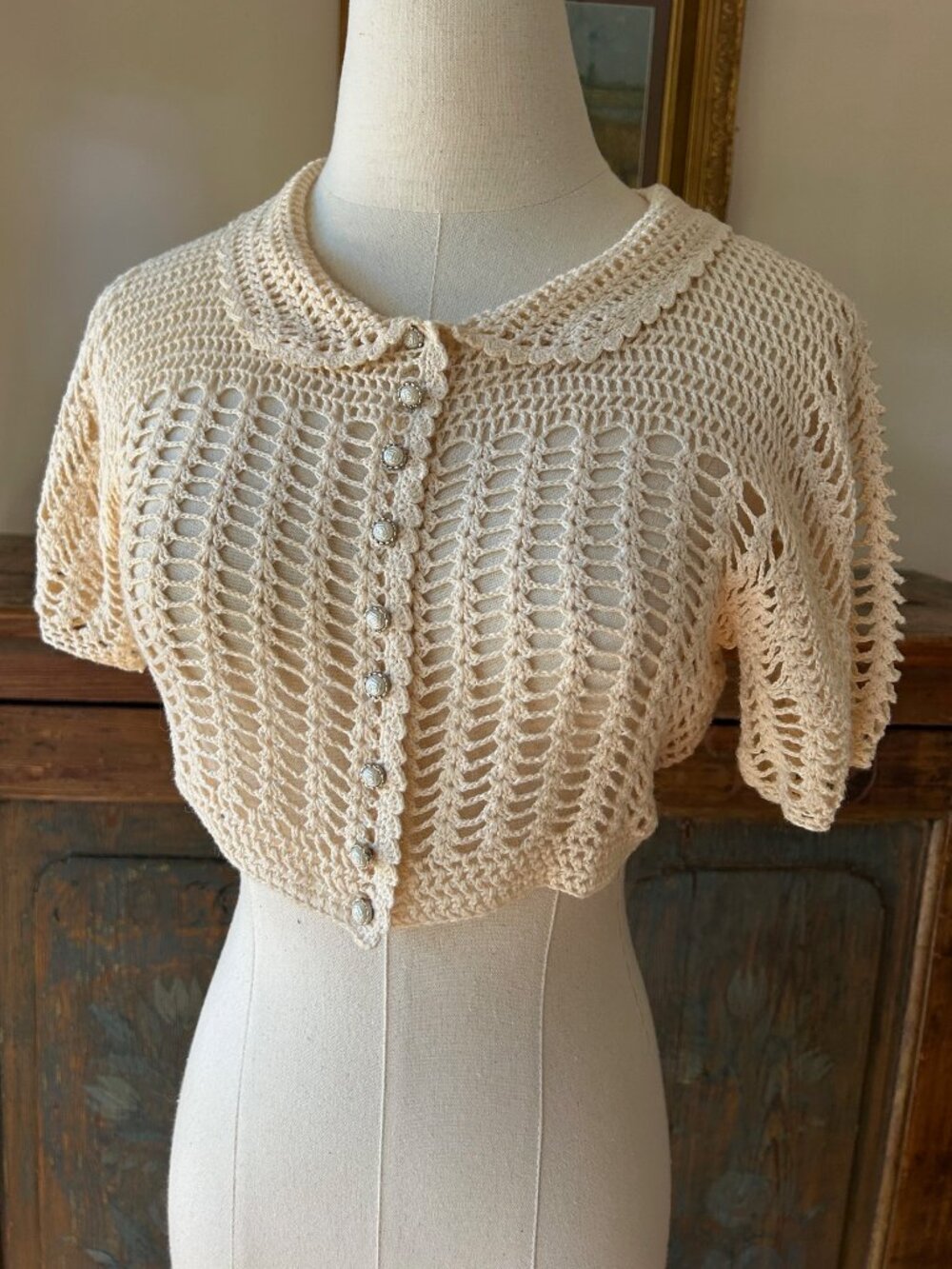 Vintage Betsey Johnson Cream Crocheted Cropped Cardigan